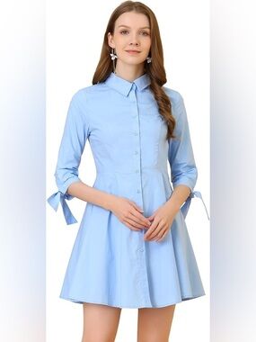 Allegra K Light Blue Fit & Flare Shirt Dress